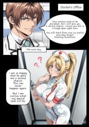 1girls 2025 ai_assisted ai_generated blonde_hair doctor doctors_office doujinshi elf female green_eyes kxy male manga manga_page nurse nurse_cap nurse_uniform original original_character ponytail upscaled