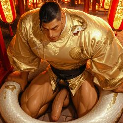 ai_generated athletic_male bara bottomless chinese_clothes dark_hair gay handsome male_only muscular_legs muscular_male naked_from_the_waist_down partially_clothed partially_clothed_male partially_nude partially_undressed smiling_at_viewer solo_male zodoai