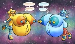 blue_eyes blue_hair blue_skin blush duo female_only hairband huge_areolae huge_belly huge_breasts hyper hyper_belly hyper_breasts hyper_pregnancy naked naked_female nipple_piercing nipples orange_eyes orange_hair outie_navel puffy_nipples sisters space speech_bubble sprucy star stars yellow_skin