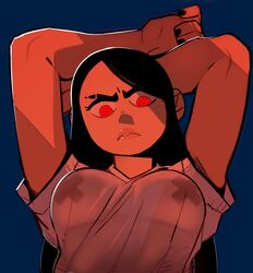 arms_up black_hair blue_background boonsky female nipple_tape portrait red_eyes see-through_shirt solo t-shirt tape