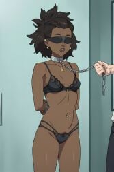 ai_generated amber_bennett arms_behind_back black_body black_hair blindfold bondage bra collar female holding_leash invincible invincible_(tv_series) leash navel_piercing panties pubic_hair spiritmaster standing