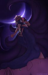animal_ears artist_name breasts clenched_hands crop_top dark_skin female fighting_stance from_below hip_vent large_breasts long_hair looking_at_viewer midriff moon navel night pants red_eyes short_hair sky solo squchan_(vtuber) tail underboob vyugen white_hair