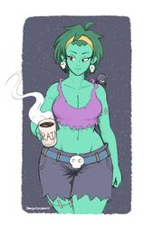 1girls breasts cleavage coffee denim_shorts earrings green_hair green_skin hairband holding large_breasts midriff navel omegasunburst red_eyes rottytops shantae short_hair skull_earrings smooth_skin thighs wide_hips