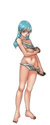 barefoot black_background blue_eyes blue_hair breasts cg convenient_censoring female full_body groin hentai_heroes holding holding_weapon kimie_(hentai_heroes) kinkoid long_hair looking_at_viewer mouth_hold navel official_art panties panty_pull parody simple_background small_breasts smile solo standing sword talim toes transparent_background underwear weapon