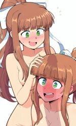 2girls ai_generated bangs blush bow_in_hair clones coral_brown_hair doki_doki_literature_club excited female green_eyes male_pov medium_breasts monika_(doki_doki_literature_club) nervous nervous_smile nude_female penis_shadow pixai ponytail pov sidelocks square_crossover sweat upper_body white_background white_bow white_fingernails