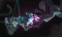 absurd_res alternative_fashion anthro black_body black_fur black_hair black_stripes blue_highlights blue_pawpads bodily_fluids bondage bound bound_together breasts canid canine closed_eyes dipstick_tail duo eyeshadow felid female female/female fox freyja_(freyjatigress) fur grey_body grey_fur hair hand_holding hi_res highlights_(coloring) kimintaq kitsibelle makeup mammal markings multicolored_body nude pantherine pawpads piercing pink_highlights restraints rope rope_bondage rope_harness saliva scene_(fashion) scene_haircut spikes stripes tail tail_markings tiger two_tone_body