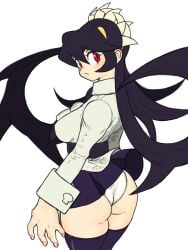 ass black_hair black_thighhighs breasts clothing female filia_(skullgirls) from_behind frown headwear large_breasts legwear long_hair long_sleeves looking_at_viewer looking_back necktie panties pantsu prehensile_hair red_eyes samson_(skullgirls) school_uniform shirt skirt skullgirls solo standing thick_thighs thighhighs thighs toshinoshin00 underwear white_panties white_underwear