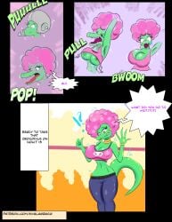 absurdres afro anthro ass ass_expansion big_ass big_breasts body_modification breast_expansion breasts castration comic crocodile female feminization genderswap genderswap_(mtf) green_skin kalypso kivalagracia machine machine_bondage makeover male male_to_female mechanical_arm pink_hair rule_63 tail transformation