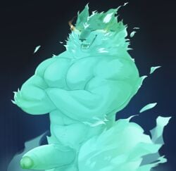1boy abs animal_ears bara completely_nude crossed_arms english_commentary erection fangs furry furry_male glowing glowing_eyes highres honkai:_star_rail honkai_(series) male_focus muscular muscular_male navel nude one_eye_closed open_mouth pectorals penis tail_(honkai:_star_rail) the0tterr yellow_eyes
