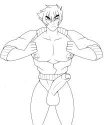 bara_tits bottomless erection foreskin jacket line_art male male_only nipple_piercing nipples opening_jacket partially_clothed partially_retracted_foreskin pecs penis retracted_foreskin tagme_(character) uncircumcised yuunsfw