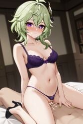 1boy after_sex ai_female ai_generated bedroom blush breasts collei_(genshin_impact) cowgirl_position female genshin_impact green_hair hair_between_eyes heels high_heels highres lingerie medium_breasts medium_hair noirwu purple_eyes purple_lingerie