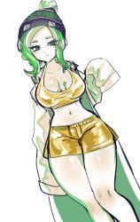 1girls beanie breasts cleavage gold_clothes gold_clothing gold_pants gold_shorts green_eyes green_hair ink lab_coat labcoat large_breasts long_sleeves mev_(mevlingo) navel nintendo norishiitsu octoling octoling_girl short_hair simple_background solo splatoon thick_thighs thighs white_background
