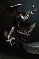 2019 ambiguous_gender avian barn_owl battle_claws beak bird blood bodily_fluids detailed_background digital_media_(artwork) digital_painting_(artwork) dismemberment earldense feathered_wings feathers feral fight flying full_moon glowing glowing_eyes gore group guardians_of_ga'hoole hagsfiend hi_res holding_melee_weapon holding_object holding_sword holding_weapon loose_feather melee_weapon midair moon night outside owl painting_(artwork) shaded size_difference star sword tail tail_feathers tyto tytonid weapon wings
