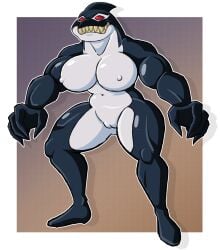 absurd_res anthro big_breasts black_body blakey border breasts cetacean dc_comics dolphin empty_eyes facial_markings featureless_feet feet female front_view genitals grey_background head_markings hi_res huge_breasts mammal marine markings muscular muscular_female navel nipple_outline nude oceanic_dolphin orca orca_(dc) pussy red_eyes sharp_teeth simple_background smile solo teeth thick_thighs toothed_whale white_body white_border wide_hips