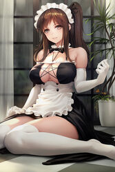 apron asymmetrical_hair bangs bare_shoulders black_ribbon blush breasts brown_eyes brown_hair center_opening checkered checkered_floor curtains elbow_gloves female female frills gloves hair_ornament hair_ribbon indoors large_breasts long_hair maid maid_headdress obaoba_(monkeyix) original parted_lips pink_lips ponytail rain ribbon side_ponytail sidelocks sitting skindentation smile solo thighhighs tied_hair wariza white_gloves white_legwear window