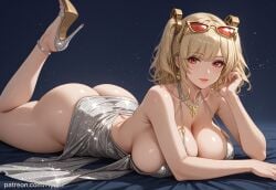 ai_generated alternate_version_at_source azur_lane big_breasts blonde_hair breasts burnice_white dress female hypet leg_up lying_on_stomach silver_dress st._louis_(luxurious_wheels)_(azur_lane)_(cosplay) tagme thick thick_ass thick_legs thick_thighs thighs video_game_character video_games wide_hips zenless_zone_zero