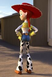 ai_generated ass braid clothed cowboy_hat disney from_behind green_eyes jeans jessie_(toy_story) looking_at_viewer looking_back pixar red_hair toy_story