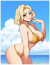 1girls beach bikini blonde_hair blue_eyes breasts female female_focus female_only gold_bikini golden_bikini golden_week light-skinned_female light_skin looking_at_viewer mercy overwatch woomy1010