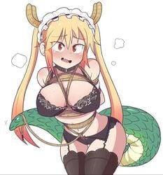 1girls 2019 amber_eyes arms_behind_back bagelbomb big_breasts blonde_hair blush bondage bound bra breasts crotch_rope cute_fang dragon dragon_girl female female_focus female_only femsub garter_straps horns lingerie long_hair looking_at_viewer maid_headdress miss_kobayashi's_dragon_maid monster_girl panties red_eyes restrained rope rope_bondage simple_background solo stockings tail thick_thighs tied tied_hair tied_up tohru_(dragon_maid) underwear white_background