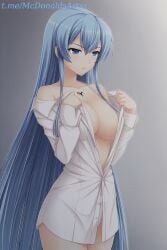 1girl 1girls ai_generated akame_ga_kill! bare_shoulders blue_eyes blue_hair breasts cleavage collarbone commentary_request cowboy_shot dress_shirt esdeath_(akame_ga_kill!) female female_focus female_only grey_background large_breasts long_hair long_sleeves naked_shirt no_bra off_shoulder open_clothes open_shirt shirt solo standing straight tattoo unbuttoned undressing very_long_hair white_shirt zelanell