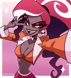 boobs_out cleavage_cutout hazbin_hotel kaizervenom lesbian_pride_colors malicious_face medium_breasts selfie selfie_pose sfw simple_background velvette
