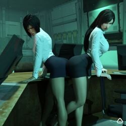 2girls 3d 3d_(artwork) 3d_model anoral ass_focus ass_to_ass athletic_female catfight crossover faith_connors female female/female female_only fight fighting final_fantasy final_fantasy_vii lesbian_sex long_hair mirror's_edge mirror's_edge_catalyst multiple_girls office_clothing office_lady short_hair tattoo tifa_lockhart yuri