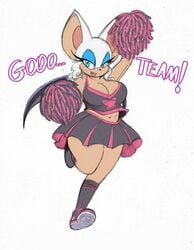 2d animal_ears anthro bat_wings breasts cheerleader cleavage color english_text eyeshadow female female_only furry jpeg large_breasts makeup midriff navel oerba_yun_fang omegasunburst open_mouth pom_poms rouge_the_bat sega shoes skirt socks sonic_(series) thick_thighs thighs wide_hips wings