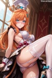1girls ai_generated aqua_eyes blush cameltoe clothed clothes dress dress_lift escoffier_(genshin_impact) female female_only garter_straps genshin_impact hat headwear high_heels lace-trimmed_thighhighs lingerie long_hair looking_at_viewer medium_breasts one_leg_up orange_hair panties patreon perky_breasts salupai solo solo_female standing tail thick_thighs thighhighs thighs uncensored watermark white_panties white_thighhighs