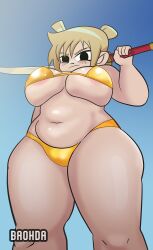 1girls baohda big_breasts blonde_hair breasts chubby chubby_female golden_bikini golden_week low-angle_shot low-angle_view roxanne_richter scott_pilgrim scott_pilgrim_takes_off sword tummy