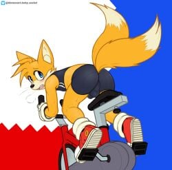 2_tails anthro ass athletic athletic_male balls_outline blush bodily_fluids bottomwear bulge canid canine clothed clothing cloud_emanata crop_top detailed_bulge emanata exercise exercise_bike footwear fox genital_outline gloves handwear hi_res looking_at_viewer looking_back male mammal multi_tail penis_outline sega shirt shoes shorts simple_background socks solo sonic_(series) sonic_the_hedgehog_(series) spandex spandex_shorts sweat tail tails tails_the_fox tight_bottomwear tight_clothing tight_shorts tkraccoon topwear