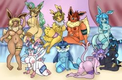 anthro anykoe ass breasts eevee eeveelution female flareon generation_1_pokemon generation_2_pokemon generation_4_pokemon generation_6_pokemon genitals glaceon group hair hi_res jolteon leafeon legband looking_at_viewer looking_back name_on_clothing nintendo nude pokemon pokemon_(species) pussy sylveon umbreon vaporeon