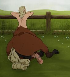 animal_genitalia animal_penis ass balls blonde_hair brown_body brown_fur centaur detailed_background equid equid_taur equine equine_genitalia equine_penis equine_taur european_mythology fence fur genitals grass greek_mythology hair hi_res horse horse_taur humanoid_taur katthekitkat male mammal mammal_taur medial_ring mythology penis plant rear_view relaxing sky solo taur