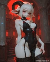 absurd_res ai_generated anthro black_dress black_thighhighs furry hi_res horns lamb looking_at_viewer mammal mansion pelvic_curtain red_eyes red_light rose_(xorvexai) short_hair standing tagme thighhighs twisted_horns white_fur white_hair xorvexai
