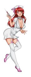 breasts cg choker cleavage collar dress female full_body garter_straps green_background hat hentai_heroes high_heels holding holding_syringe josephine_(hentai_heroes) kinkoid large_breasts long_hair looking_at_viewer minami_kotori nurse_cap nurse_josephine_(hentai_heroes) official_art parody pink_footwear red_eyes red_hair simple_background smile solo syringe thighhighs white_thighhighs