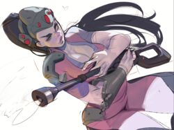 blizzard_entertainment bloop bodysuit breasts cleavage female gun long_hair overwatch rifle simple_background sketch solo visor weapon white_background widowmaker