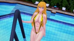 1girls abs blonde_female blonde_hair cleavage golden_bikini long_hair long_hair_female pool purple_eyes rwby rwby_lewd solo_female string_bikini yang_xiao_long
