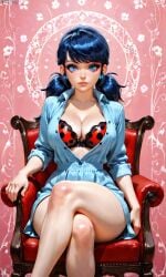 1girls ai_female ai_generated bare_arms bare_legs bare_thighs blouse blue_eyes blue_hair bra chair cleavage crossed_legs disney disney_channel eyebrows eyelashes eyeliner eyeshadow female hi_res ladybug_(character) large_ass large_breasts looking_at_viewer marinette_cheng marinette_dupain-cheng miraculous:_tales_of_ladybug_and_cat_noir miraculous_ladybug sitting sitting_on_chair solo solo_female solo_focus thick_thighs twintails unbottoned_shirt waifufamily