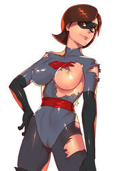 alternate_costume bodysuit breast_slip breasts cameltoe disney elastigirl elastigirl_(the_incredibles_2_supersuit) female helen_parr huge_breasts jhinbrush latex light_smile mask medium_hair milf nipples pixar ripped_clothes ripped_clothing shiny shiny_clothes shiny_skin skin_tight smooth_skin superheroine the_incredibles the_incredibles_2 torn_bodysuit torn_clothes white_background