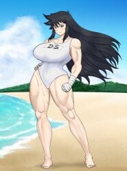 /ctt/ 1girls bandage bandaged_hand bandaged_hands barefoot beach black_eyes black_hair clothed console-tan ds-tan hourglass_figure huge_breasts humanization humanized large_breasts long_hair looking_at_viewer muscular muscular_female nintendo nintendo_ds one_piece_swimsuit swimsuit