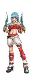 aqua_hair bare_shoulders blue_eyes blue_hair braid breasts cg dual_wielding earrings female full_body gloves hentai_heroes holding holding_weapon jewelry kimie_(hentai_heroes) kinkoid knife long_hair looking_at_viewer midriff navel official_art parody shorts single_braid small_breasts smile solo standing strapless talim transparent_background tube_top weapon white_shorts