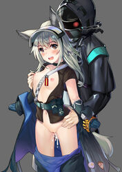 1boy 463_jun absurdres animal_ears arknights blush breasts brown_eyes collarbone cum cum_in_pussy doctor_(arknights) female from_behind gloves glowing glowing_eye grani_(arknights) highres jacket long_hair navel nipple_tweak open_clothes open_mouth open_shirt sex simple_background small_breasts