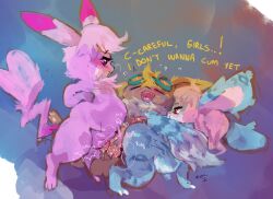 dialogue eevee female feral generation_1_pokemon group male nidoran nintendo pikachu pink pokemon pokemon_(species) rei_(disambiguation) reimachu teasing trio zanthu