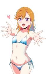 armpits bare_arms bare_belly bare_legs bare_shoulders bare_thighs belly_button bikini blush borgbutler breasts collarbone flat_chest groin love_live! love_live!_superstar!! medium_hair open_mouth orange_hair outstretched_arms purple_eyes shibuya_kanon side-tie_bikini_bottom smile thighs white_bikini