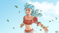 aqua_hair bare_shoulders blue_eyes blue_hair braid cg collarbone day falling_leaves female hentai_heroes jewelry kimie_(hentai_heroes) kinkoid leaf leaves_in_wind long_hair midriff navel official_art parody petals single_braid sky smile solo strapless talim tube_top wind