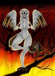 2022 anthro anthrofied areola armor avian barn_owl beak big_breasts bird black_claws breasts brown_areola brown_nipples chest_tuft claws detailed_background digital_drawing_(artwork) digital_media_(artwork) feathers female fire forest_fire genitals guardians_of_ga'hoole headgear helmet hi_res holding_armor holding_headgear holding_helmet holding_object holding_with_foot looking_at_viewer navel nipples nude nyra_(gogh) on_one_leg outside owl plant pussy rorrek solo standing tree tuft tyto tytonid western_barn_owl white_body white_feathers