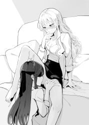 2girls absurdres black_skirt blindfold blonde_hair blush brown_hair couch couple cunnilingus full-face_blush highres licking multiple_girls on_couch oral pillow pussy_juice saijou_claudine shirt shoujo_kageki_revue_starlight shoujo_kageki_revue_starlight_-re_live- sitting sitting_on_object skirt spread_legs spread_pussy tendou_maya tongue tongue_out white_shirt yuri