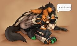 animal_genitalia animal_penis anthro anthro_on_feral avian balls black_body black_fur black_penis blue_eyes canid canine canine_genitalia canine_penis duo english_text erection feral fur genitals gryphon hi_res killthe_demon lying male male/male mammal mythological_avian mythological_creature mythology nude on_side orange_body orange_fur penis red_eyes red_penis speech_bubble tan_balls tan_body tan_fur text zoophilia