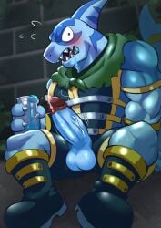 2025 alternatehef anthro aphrodisiac araba_(shangri-la_frontier) ass balls blue_balls blue_body blue_clothing blue_penis blush bodily_fluids boots claws clothing cum cum_on_penis digital_drawing_(artwork) digital_media_(artwork) drooling erection fin finger_claws fingers fish footwear genital_fluids genitals hi_res humanoid_genitalia humanoid_penis male marine muscular muscular_anthro muscular_male penis potion potion_bottle precum saliva shangri-la_frontier shark shark_fin shark_tail sharp_teeth shoes sitting solo sweat tail teeth vein veiny_penis