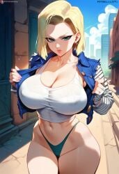1girls 2d ai_generated android_18 big_breasts blonde_hair breasts city denim dragon_ball dragon_ball_z female female_focus female_only jacket outdoors panties short_hair solo solo_female solo_focus tagme tanktop white_tank_top