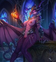 anthro areola armor blizzard_entertainment bodily_fluids breasts dracthyr dragon european_mythology female genital_fluids genitals glowing glowing_eyes hi_res horn looking_at_viewer magic magic_user mythological_creature mythological_scalie mythology nipples non-mammal_breasts purple_body purple_eyes pussy saltamor scalie solo tail warcraft watermark western_dragon wings